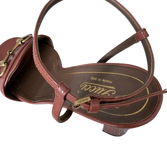 Gucci Horsebit Patent Leather Block Heel Sandals Brown Ankle Strap Size 38 US 8 - Picture 8 of 14